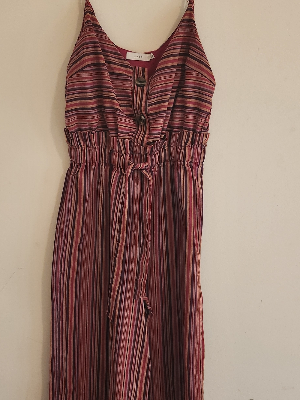 Lulus Striped V-Neck Cropped Jumpsuit in Berry Multi